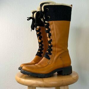 Cole Hann Henson Tall Leather Boots Camel Sherling Lace Up Lug Sole Size 6 1/2